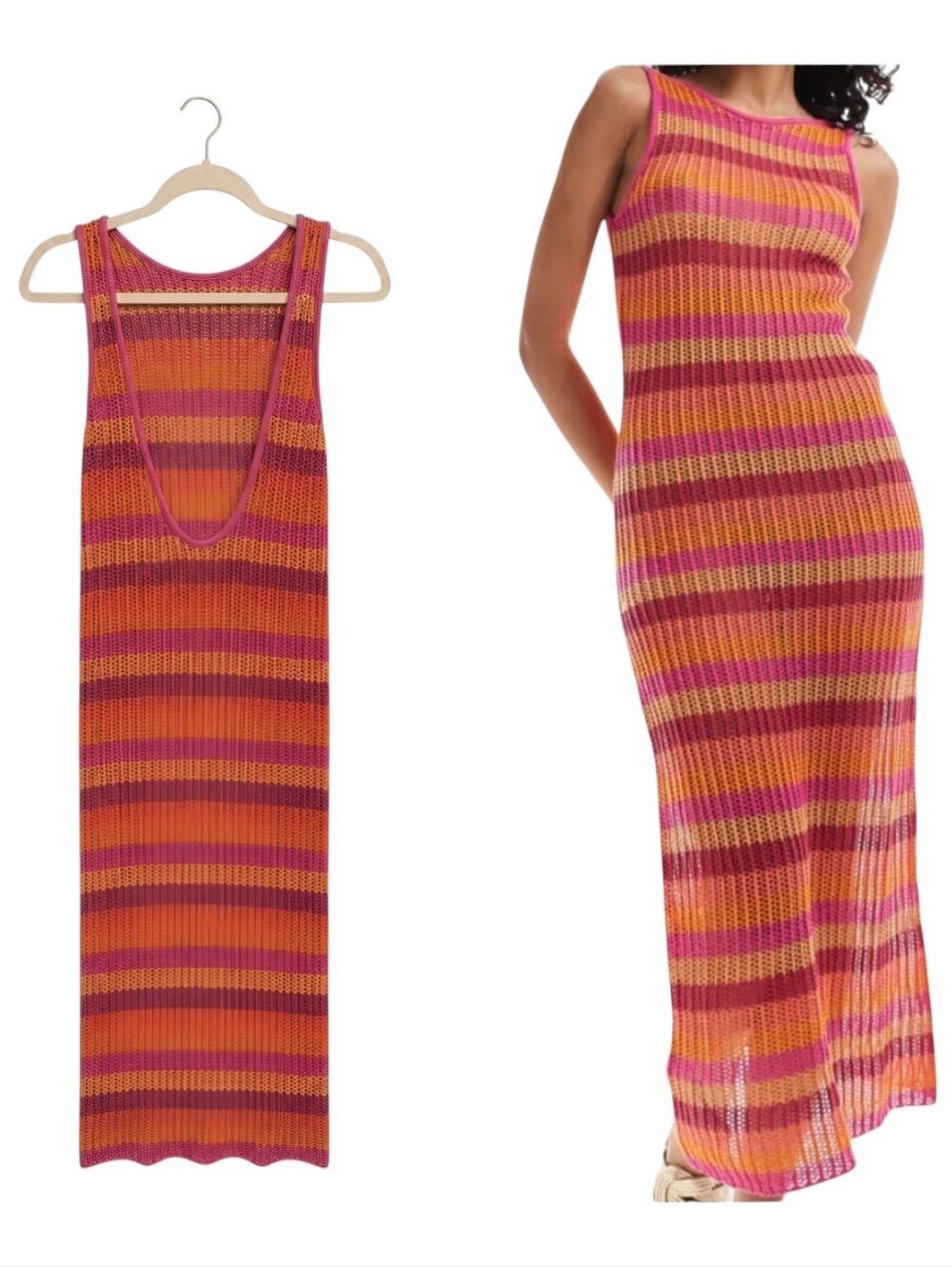 Mango Striped Knit Crochet Dress Maxi Cover Up in Pink & Orange